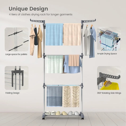 4 Tier Foldable Clothes Airer Rack Indoor Outdoor Dryer Laundry Dry Rail Hanger